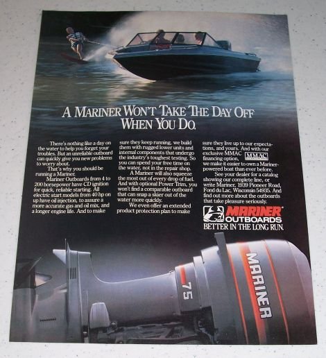 1986 Mariner 75 Outboard Motor Water Skiing Color Ad
