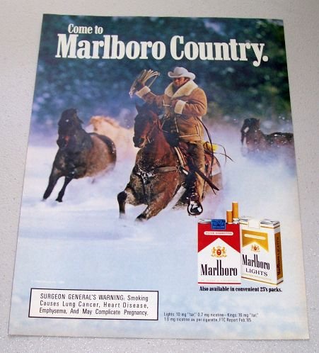 1986 Marlboro Cigarettes Cowboy Winter Themed Color Tobacco Ad