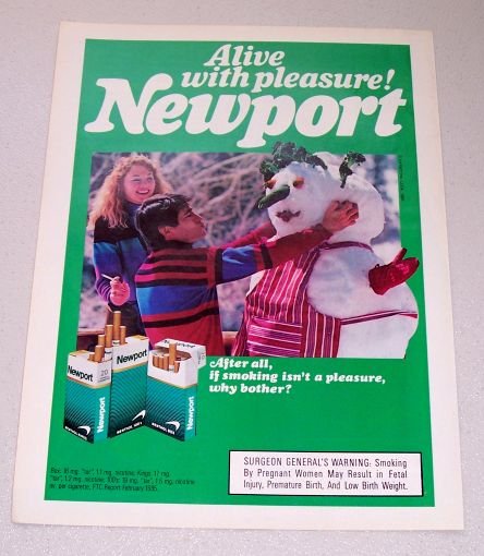1986 Newport Cigarettes Winter Snowman Color Tobacco Ad