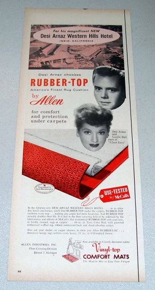 1957 Allen Rubber Top Rug Cushion Color Print Ad Celebrity Lucille Ball Desi Arnaz