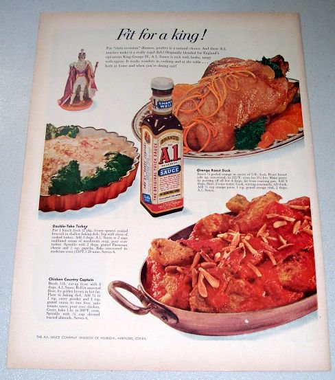 1957 A1 Steak Sauce Color Print Ad Fit For A King
