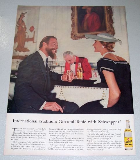 1956 Schweppes Quinine Water Color Print Ad