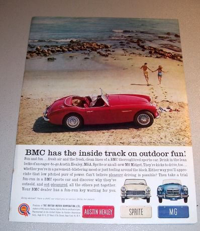1961 BMC Austin Healey 3000 MKII Automobile Color Print Car Ad Paradise Cove California