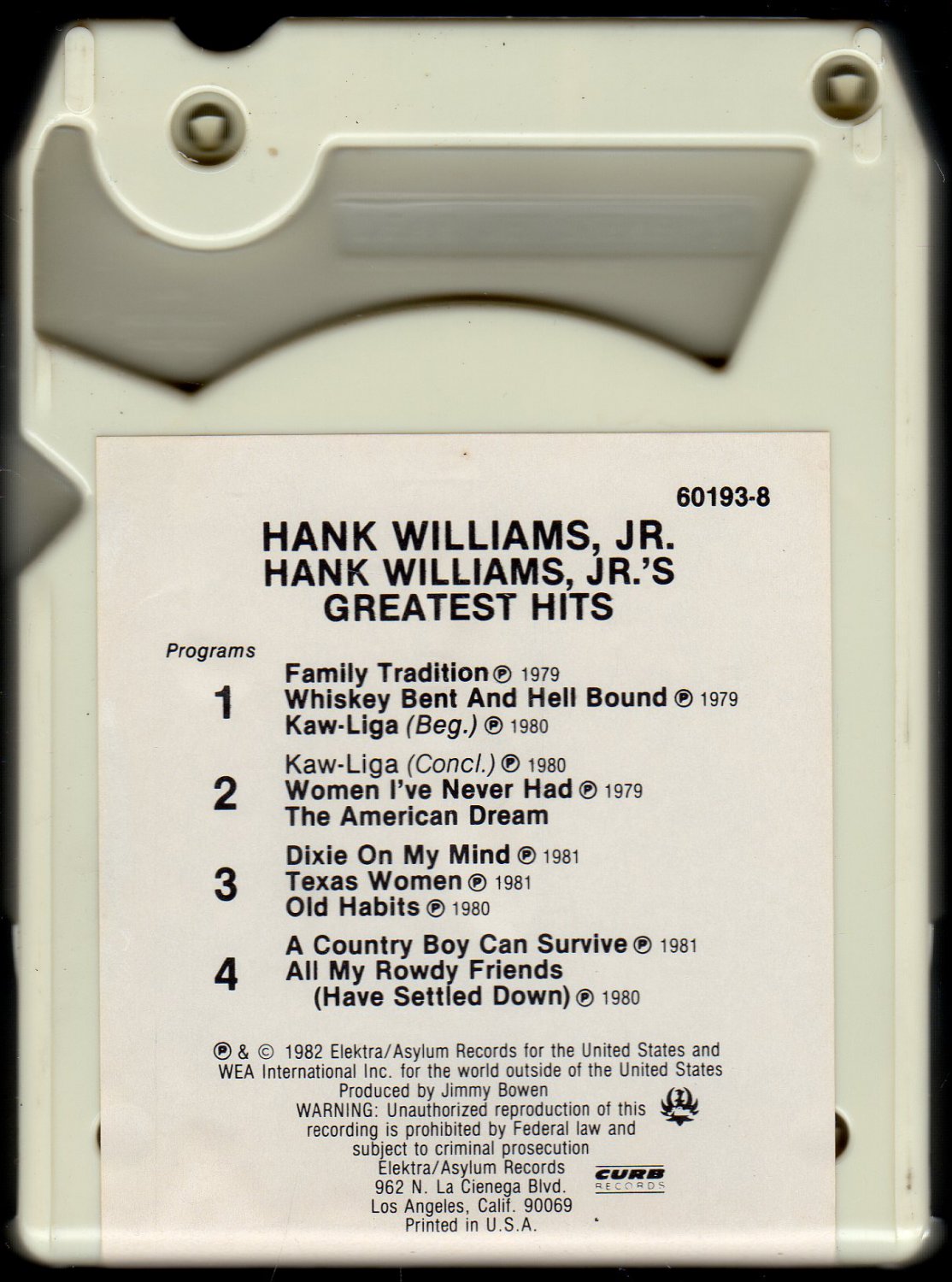 Hank Williams Jr Greatest Hits 1982 RCA ELEKTRA A22 8 Track Tape