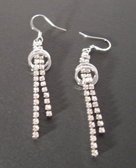 Rhinestone 2-Strand drop + twin circle Earrings -- Silver Tone