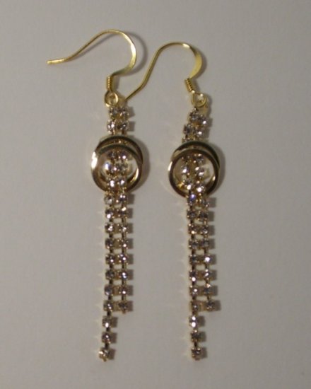 Rhinestone 2-Strand drop + twin circle Earrings -- Gold Tone