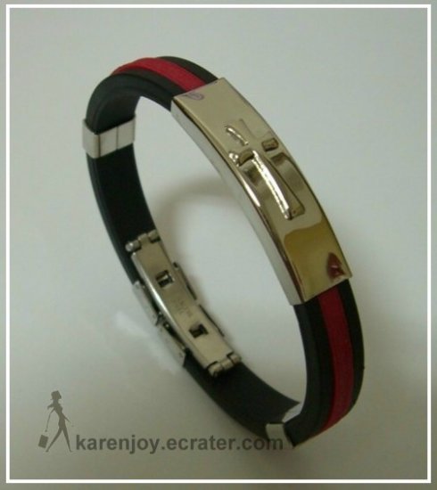 Black + Red Silicone With Cross Pattern Stainless Steel Bracelet