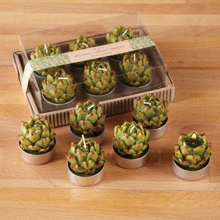 SET OF 6 ARTICHOKE TEALIGHT CANDLES ABT 4 HOURS UNSCENTED WAX IN GIFT BOX