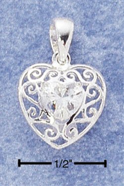 Fancy Scroll Design Charm W Heart Shaped Clear Cz