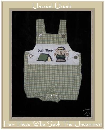 BABY TOGS Green Plaid Pup Tent Overalls 0-3 Months EUC
