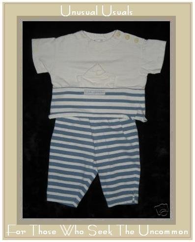Grain De Lune Blue Striped Shirt & Pants Outfit 6M EUC
