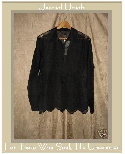 NWT SILKLAND Sheer Embroidered BLACK SILK Shirt Top MEDIUM M