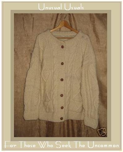 Fisherman Style Cream Wool Aran Knit Cardigan Sweater Large L