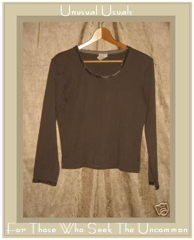 J. Jill Soft Brown Velvet Trim Knit Pullover shirt top MP Medium Petite