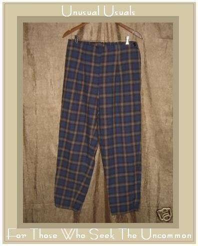 FLAX Soft Blue Plaid Flannel Side Button Pants Jeanne Engelhart Small S