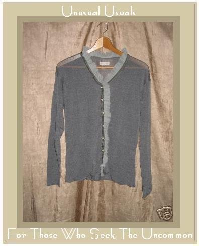 New NEESH by D.A.R. Slinky Gray Ruffle Cardigan Sweater Medium Large M L