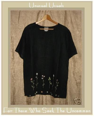 DONNA Embroidered Black Linen Pullover Shirt Tunic Top Medium M