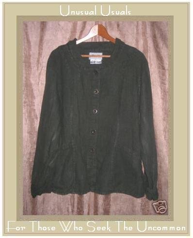 FLAX Shapely Green Linen Button Jacket Jeanne Engelhart Medium M
