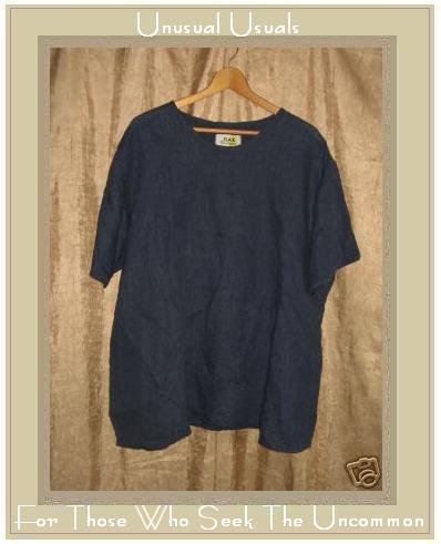 FLAX Jeanne Engelhart Blue Linen Pullover Shirt Tunic Top 2 Generous 2G