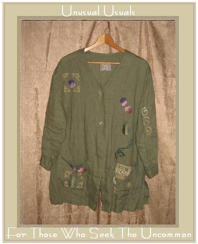 PLAY ALEGRE Green Painted LINEN Button Jacket Tunic Top Medium Large M L