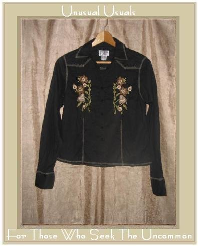 FUNKY PEOPLE Shapely Black Cotton Embroidered Button Shirt Top Medium M