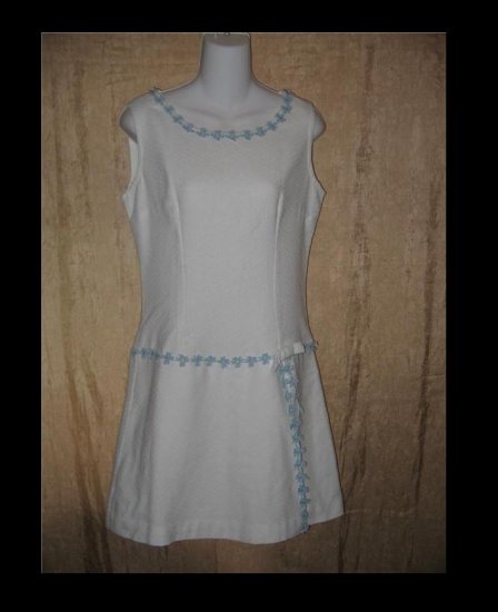Vintage White Tunic Dress Scorts with Blue Flower Trim 60's Small S