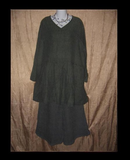 FLAX by Jeanne Engelhart Green Thermal LINEN Tunic Top Dress Shirt Medium M