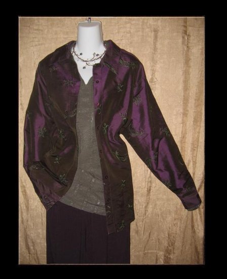 Coldwater Creek Embroidered Purple Silk Button Shirt Tunic Top 1X