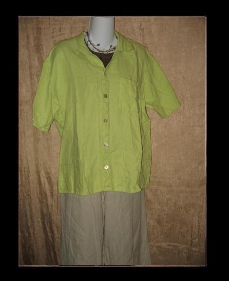 FLAX Green LINEN Button Shirt Top Jeanne Engelhart Petite P