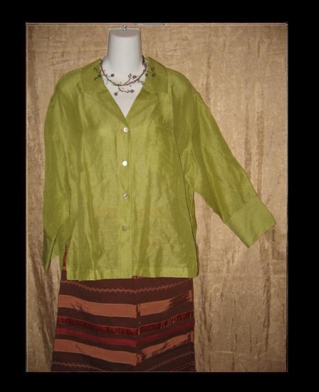 Chico's Design Green SILK & LINEN Button Shirt Top Size 0 Small S