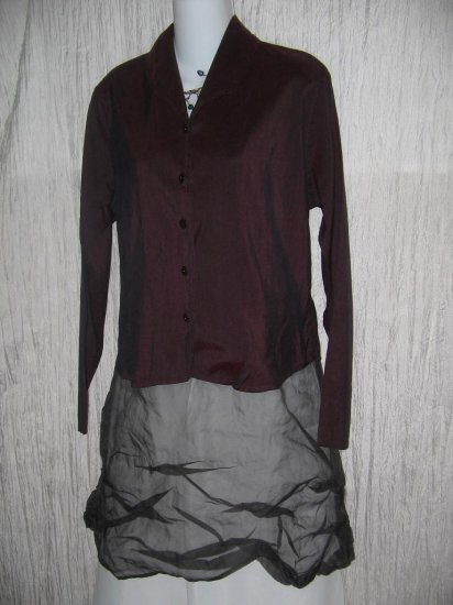 FLAX by Jeanne Engelhart Shapely Burgundy Silk Button Shirt Tunic Top Jacket Small S
