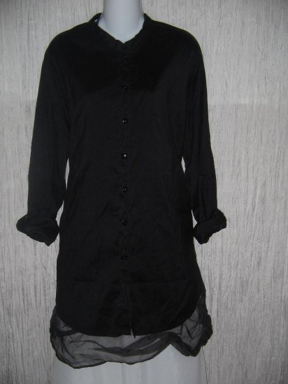 FLAX by Jeanne Engelhart Long Black Silk Button Shirt Tunic Top Jacket Petite P