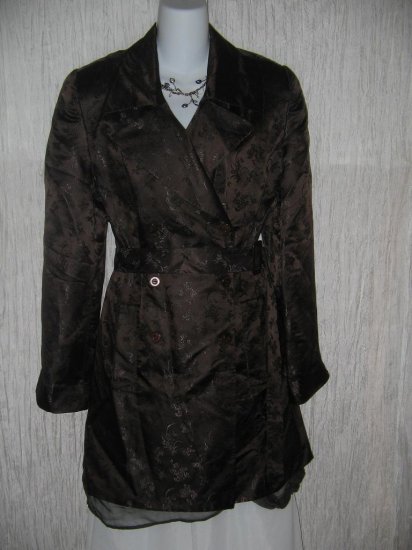 DANA BUCHMAN Long Elegant Chocolate Silk Brocade Belted Coat Jacket 12