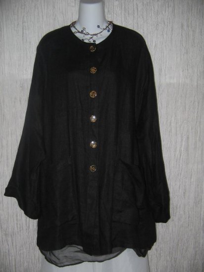 go lightly Long Black Linen Button Jacket Tunic Top One Size OS