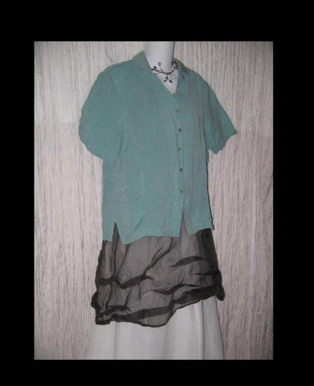 EILEEN FISHER Teal Linen Rayon Button Shirt Tunic Top Medium M