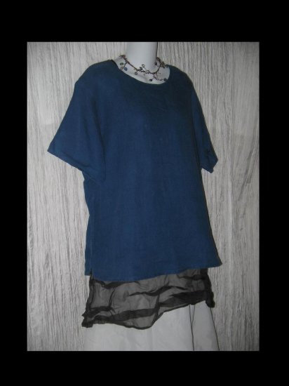 FLAX Jeanne Engelhart Blue Linen Pullover Shirt Tunic Top Small S