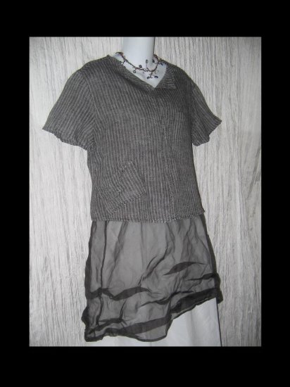FLAX by Jeanne Engelhart Striped Gray Linen Shirt Tunic Top Small S