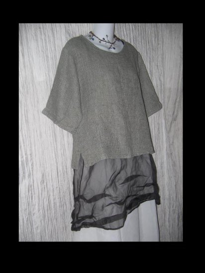 FLAX by Jeanne Engelhart Gray Thermal Linen Tunic Top Shirt Small S