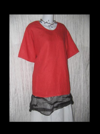 FLAX Red Linen Pullover Shirt Tunic Top Jeanne Engelhart Large L