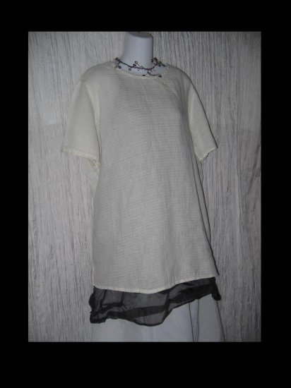 FLAX by Jeanne Engelhart Soft White Waves Linen Tunic Top Shirt Medium M