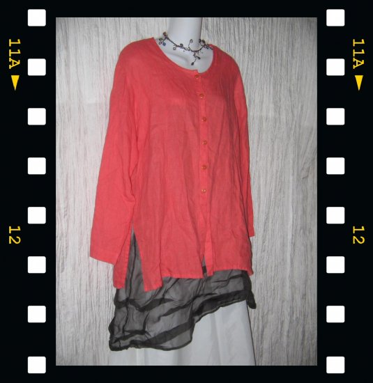 FLAX by Jeanne Engelhart Coral LINEN Button Shirt Tunic Top Small S