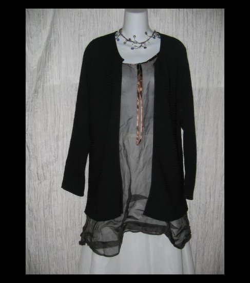 DUE per Due Collection Long Black Rayon Open Cardigan Tunic Sweater Large L
