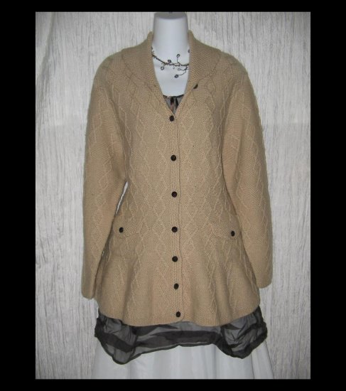 MARISA CHRISTINA Soft Brown Wool Shapely Irish Fisherman's Cardigan Sweater Large L