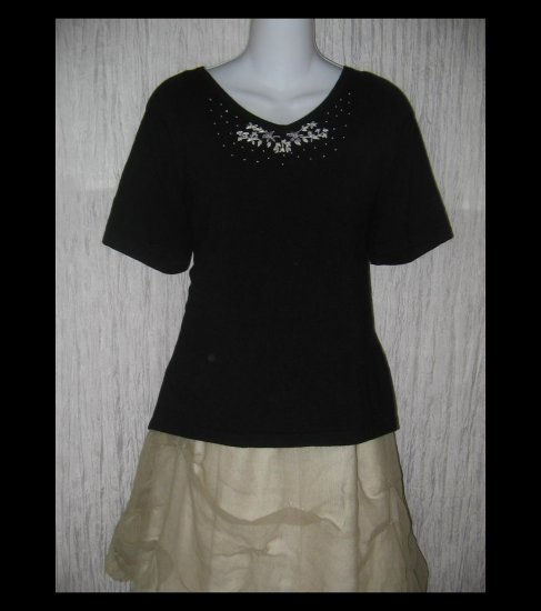 April Cornell Soft Black Beaded Floral Knit Pullover Top X-Large XL