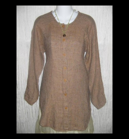 New FLAX Chocolate Tweed Long Linen Button Tunic Top Jeanne Engelhart Petite P