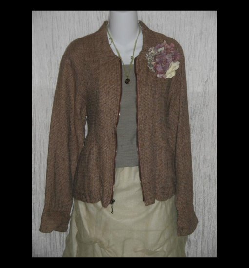 New FLAX Chocolate Tweed Linen Zipped Tunic Top Jacket Jeanne Engelhart Petite P