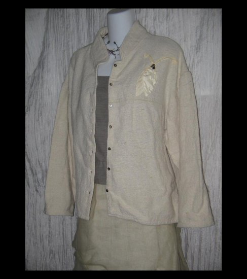 KRISTA LARSON Earthy Woven Cream Silk Linen Beaded Leaf Jacket One Size