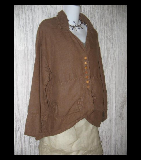 KRISTA LARSON Heavy Brown Linen Twisted Corners Jacket Coat One Size