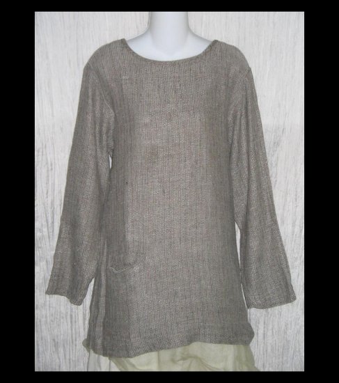 FLAX by Jeanne Engelhart Long Brown Thermal Linen Pocket Tunic Top Shirt Small S