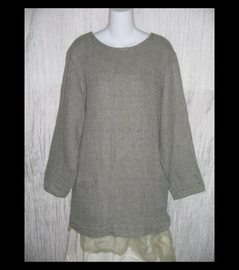 FLAX by Jeanne Engelhart Long Gray Thermal Linen Pocket Tunic Top Shirt Small S